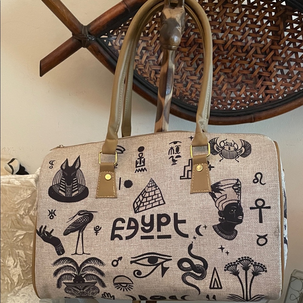 Egypt Print Canvas Travel Satchel - Black on Natural